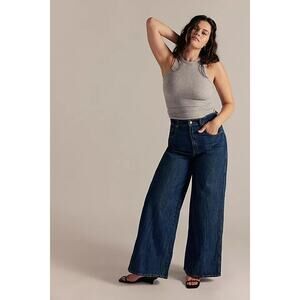 Free People Women 30 Curvy Gia Wide Leg Baltic Blue Western Solid Closet Staple